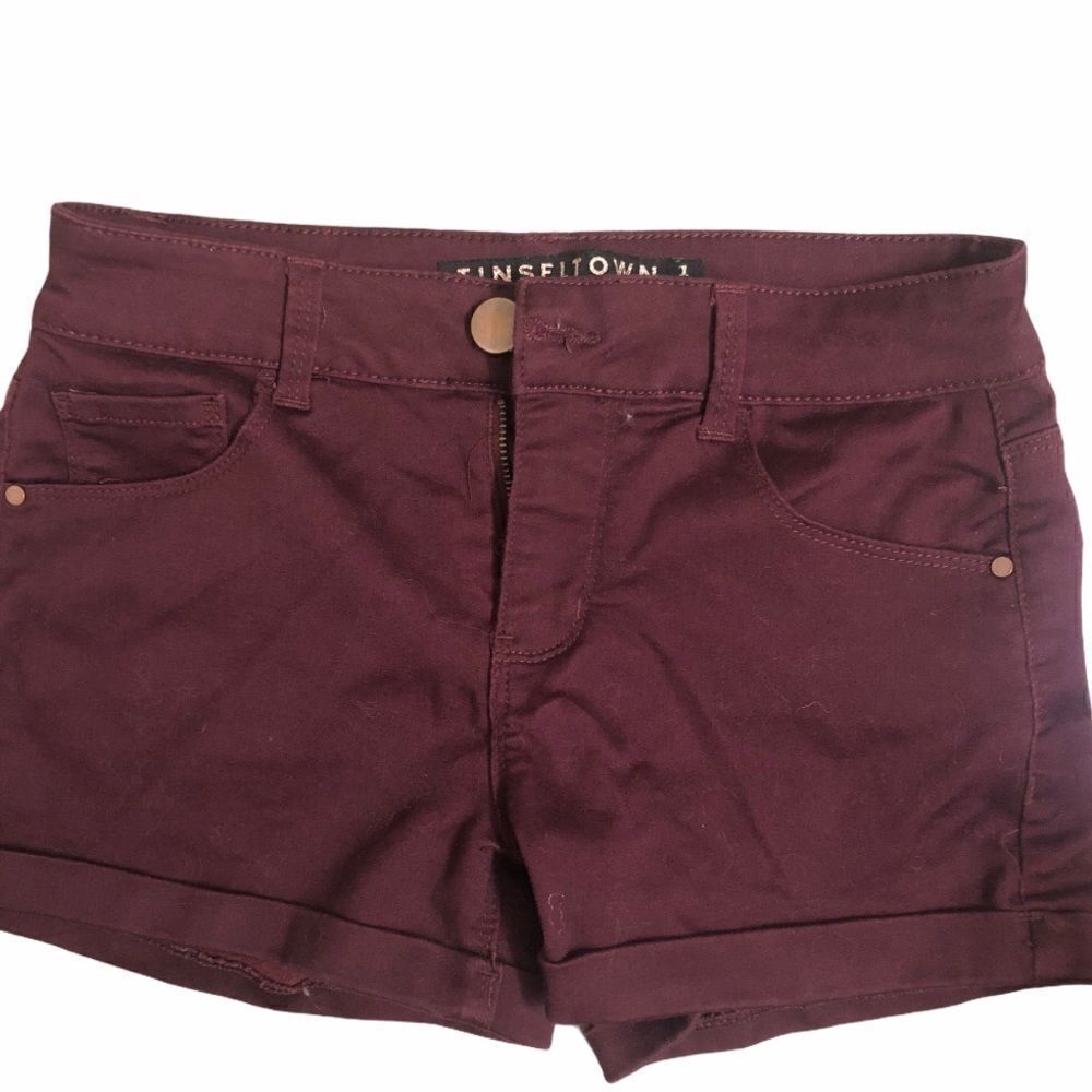 Tinseltown burgundy Denim stretch Cuffed Shortie Shorts Low rise Y2K- 1 juniors